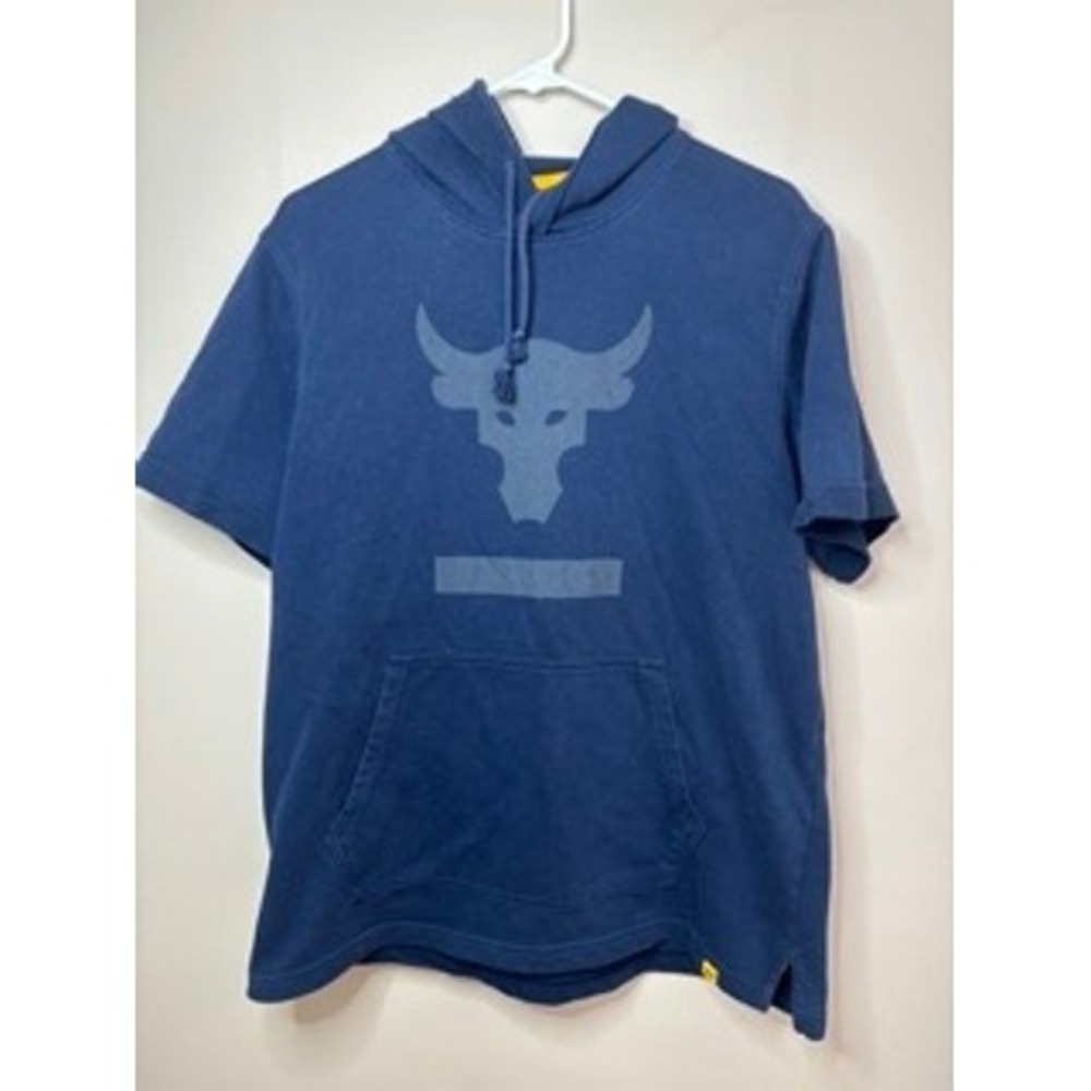 Under Armour Project Rock Mens Navy Blue Short Sleeve Hoodie Brahma Bull LG